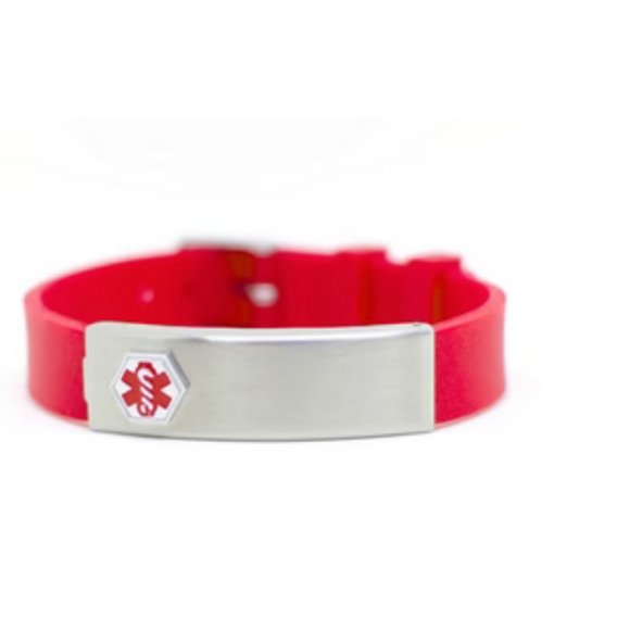 NEW! Unisex Silicone & Stainless Medical ID Bracelet Blue or Red ~ Plate Opens - Picture 2 of 5